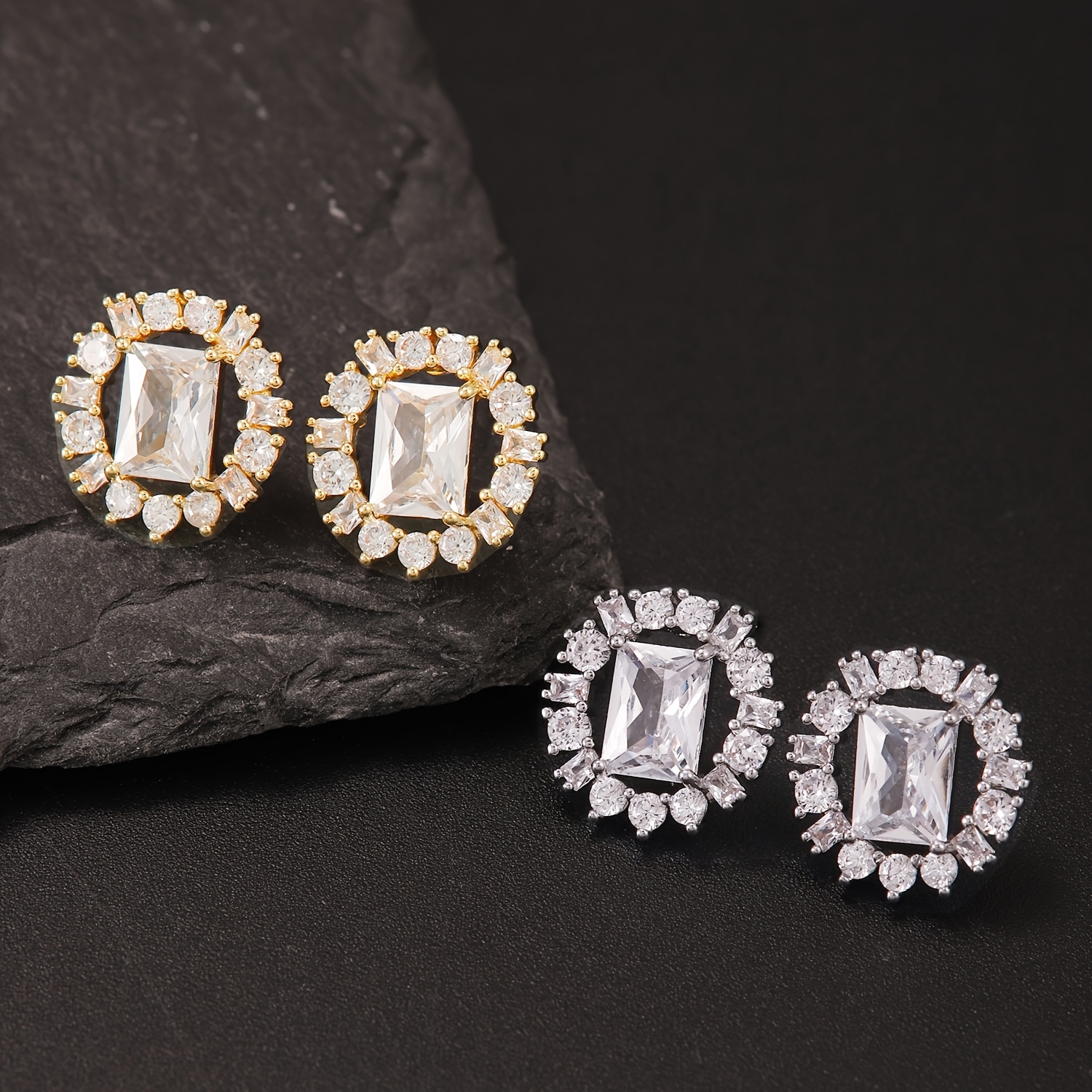High-End Luxurious Round Square Cubic Zirconia Stud Earrings